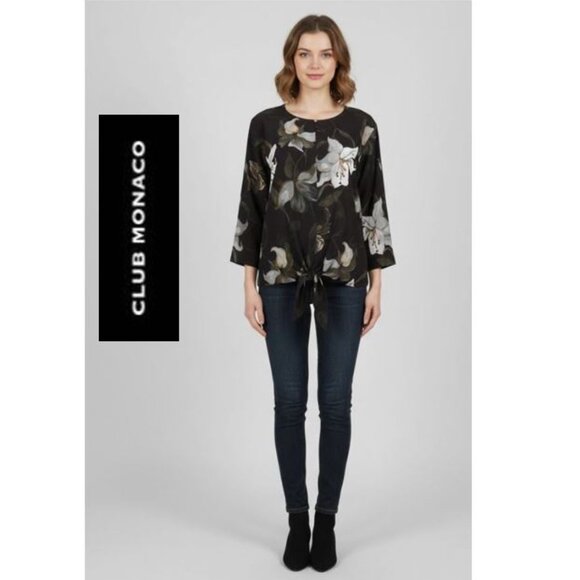 CLUB MONACO, Harriet 3/4 black floral 100% silk blouse - Picture 1 of 9